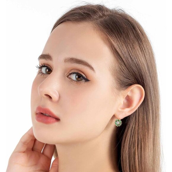 14K Gold Plated Green Main Crystal Flower Drop Leverback Earrings for Women - Picture 2 of 7